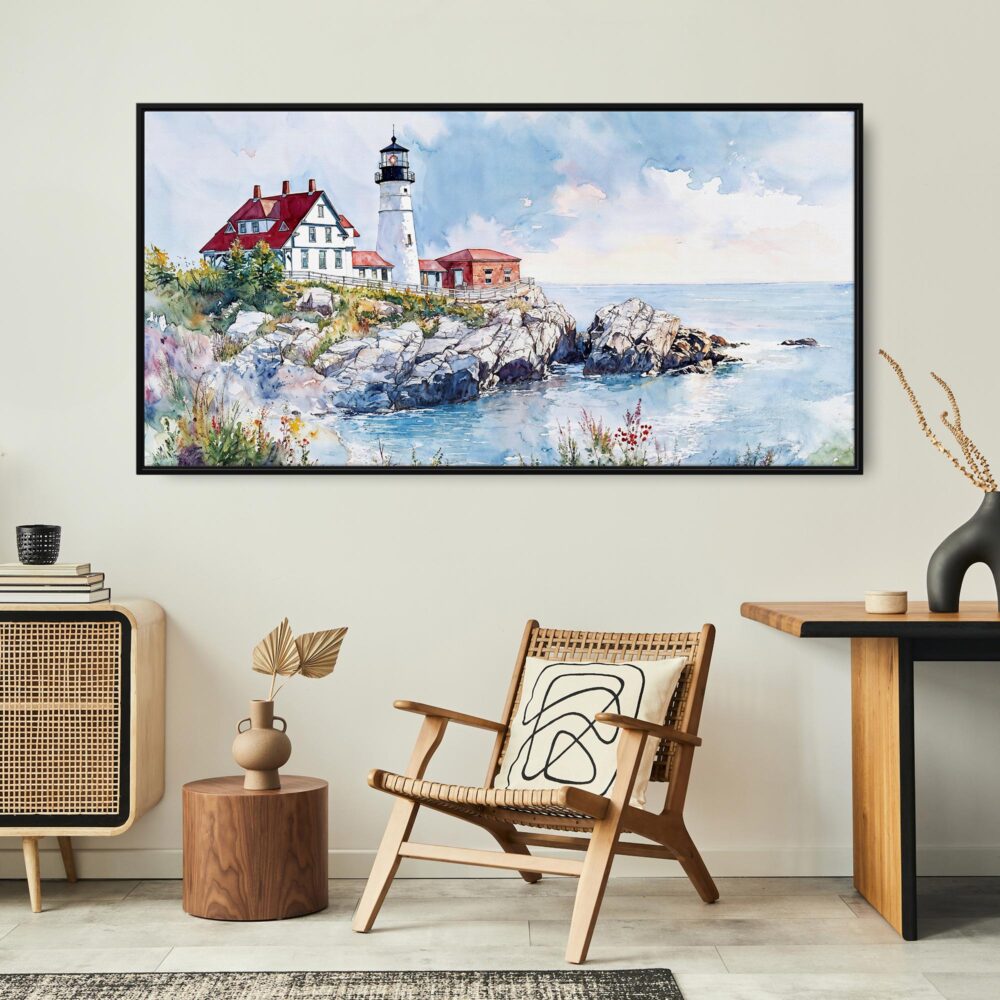 02 - Framed Portland Maine Lighthouse Watercolor - Panorama Canvas Print - Boho Chair.jpg 02 - Framed Portland Maine Lighthouse Watercolor - Panorama Canvas Print - Boho Chair.jpg
