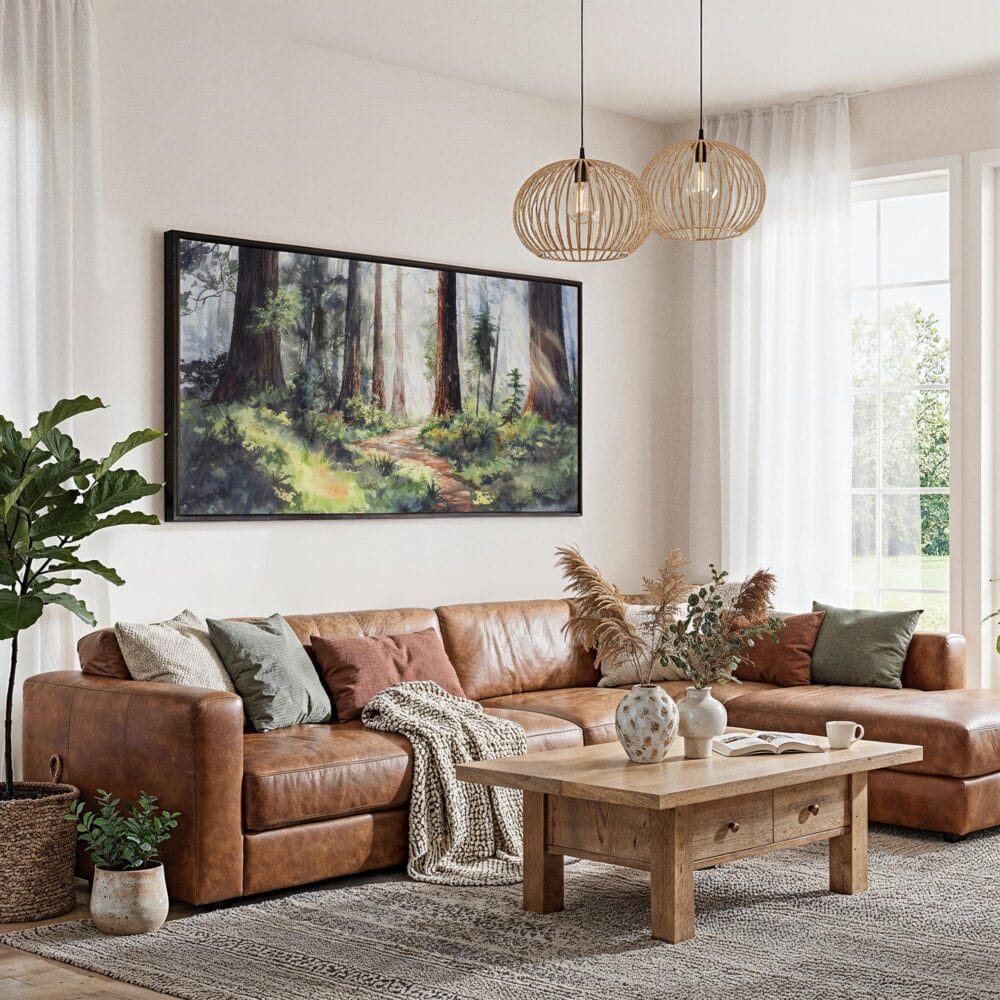 02 - Framed Redwood National Park Watercolor - Panorama Canvas Print - Living Room.jpg 02 - Framed Redwood National Park Watercolor - Panorama Canvas Print - Living Room.jpg