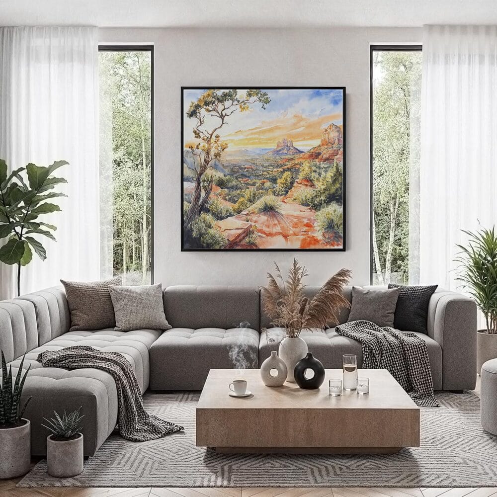02 - Framed Sedona Arizona Watercolor - Square Canvas Print - Contemporary Living Room.jpg 02 - Framed Sedona Arizona Watercolor - Square Canvas Print - Contemporary Living Room.jpg