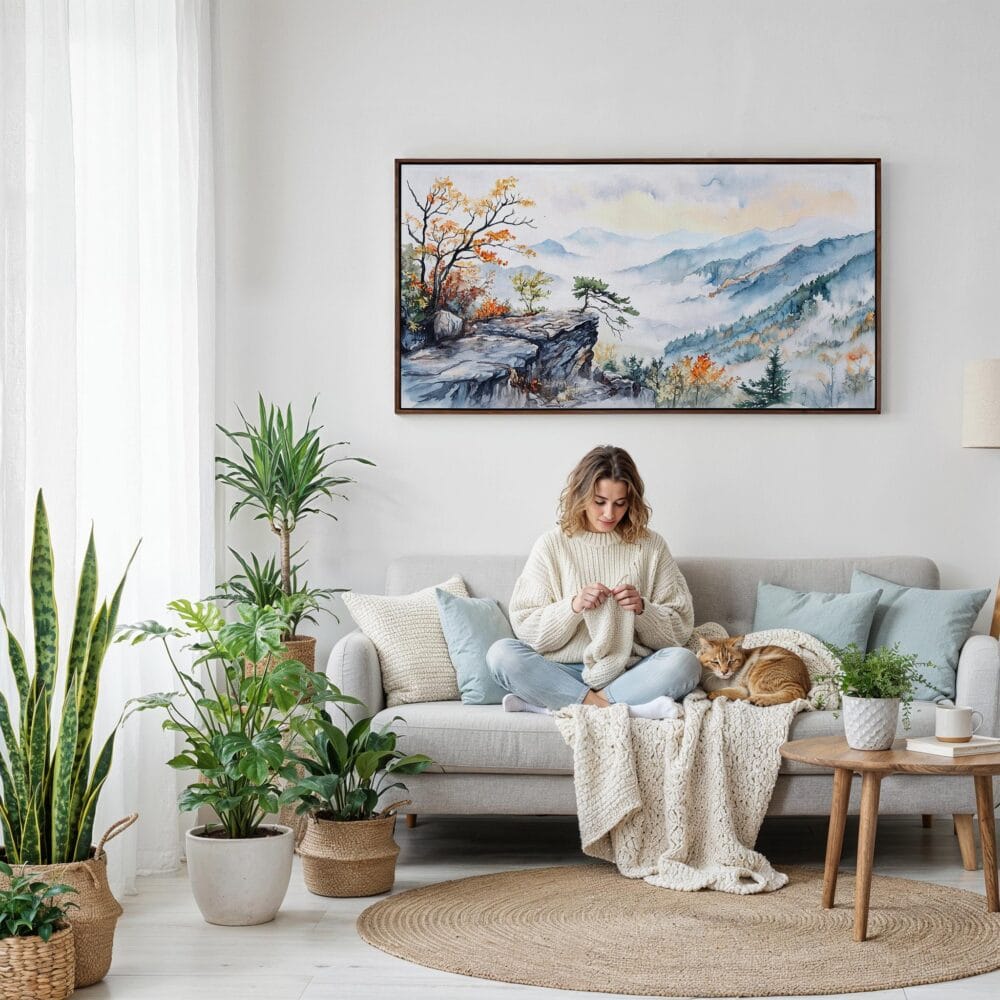 02 - Framed Shenandoah National park Panorama Watercolor Canvas Print - Woman Knitting on Sofa.jpg 02 - Framed Shenandoah National park Panorama Watercolor Canvas Print - Woman Knitting on Sofa.jpg