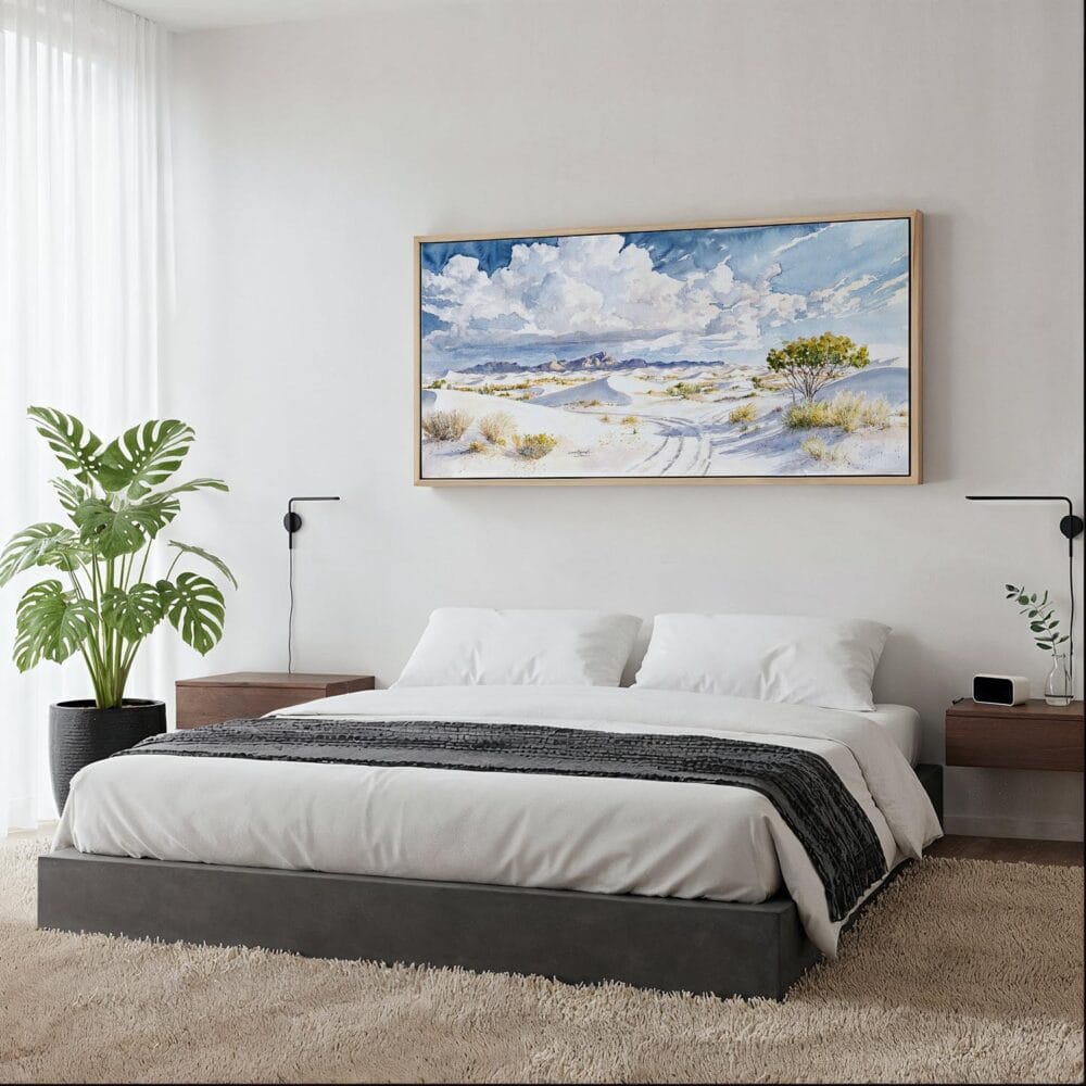 02 - Framed White Sands National Park Panorama Watercolor Canvas Print - Woman in contemporary Bed Room.jpg 02 - Framed White Sands National Park Panorama Watercolor Canvas Print - Woman in contemporary Bed Room.jpg