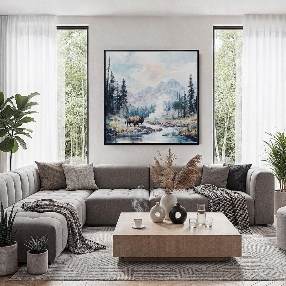 02 - Framed Yellowstone National Park Watercolor Style - Square Canvas Print - Contemporary Living Room.jpg 02 - Framed Yellowstone National Park Watercolor Style - Square Canvas Print - Contemporary Living Room.jpg