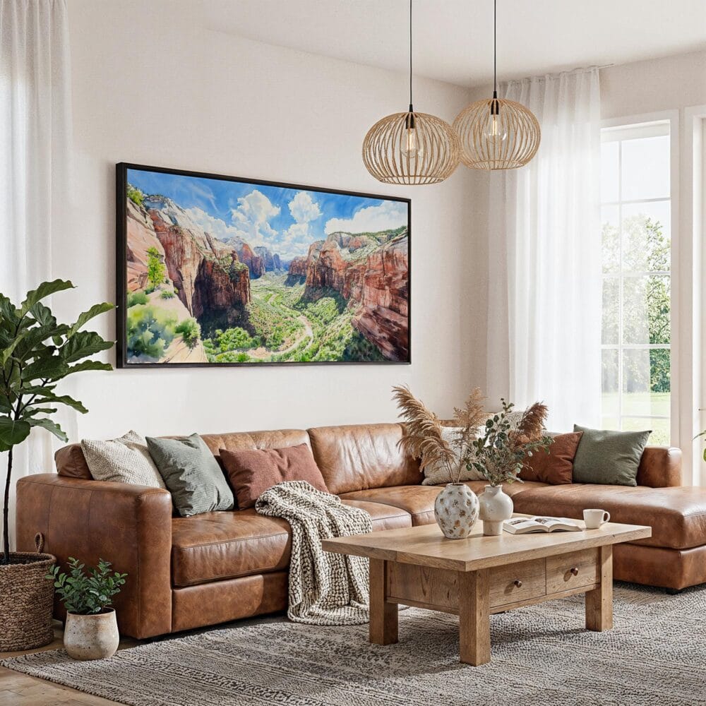 02 - Framed Zion National Park Panorama Watercolor Canvas Print - Living Room.jpg 02 - Framed Zion National Park Panorama Watercolor Canvas Print - Living Room.jpg