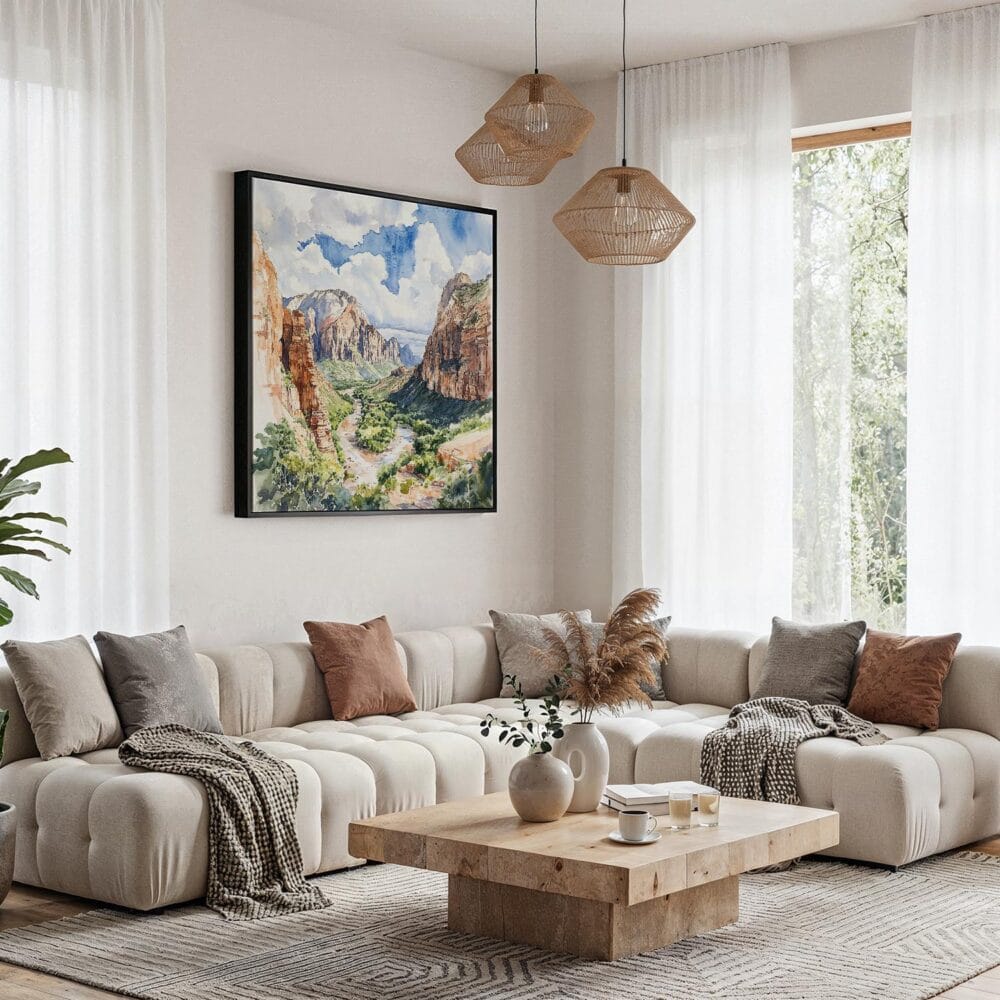 02 - Framed Zion National Park Watercolor Style - Square Canvas Print - Boho Living Room.jpg 02 - Framed Zion National Park Watercolor Style - Square Canvas Print - Boho Living Room.jpg