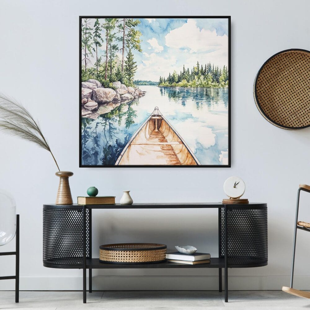 02 - Large Boundary Waters Square Watercolor Canvas Print in Midcentury Corner.jpg 02 - Large Boundary Waters Square Watercolor Canvas Print in Midcentury Corner.jpg