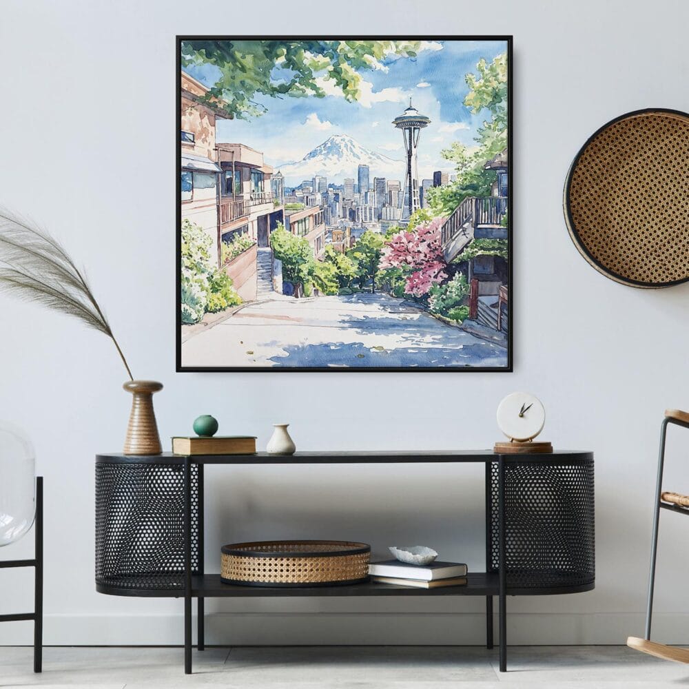 02 - Large Seattle Watercolor - Square Canvas Print in Midcentury Corner.jpg 02 - Large Seattle Watercolor - Square Canvas Print in Midcentury Corner.jpg