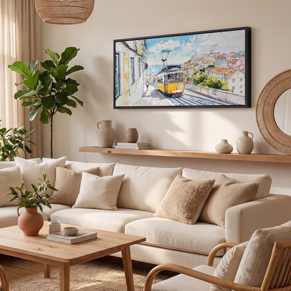 02 - Lisbon Portugal Yellow Tram Watercolor - Panorama Canvas Print with Black Floater Frame - Boho Room.jpg 02 - Lisbon Portugal Yellow Tram Watercolor - Panorama Canvas Print with Black Floater Frame - Boho Room.jpg