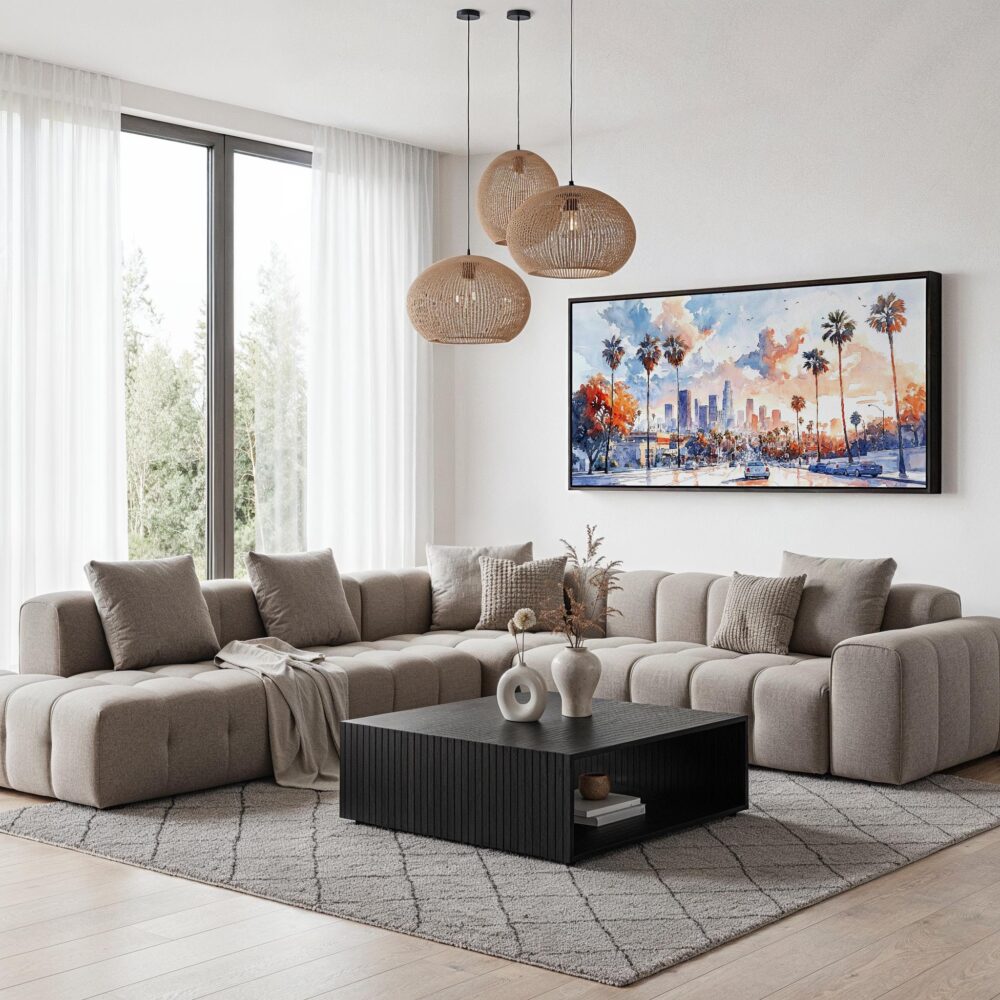 02 - Los Angeles Skyline Watercolor - Panorama Canvas Print with Black Floater Frame - Modern Living Room.jpg 02 - Los Angeles Skyline Watercolor - Panorama Canvas Print with Black Floater Frame - Modern Living Room.jpg