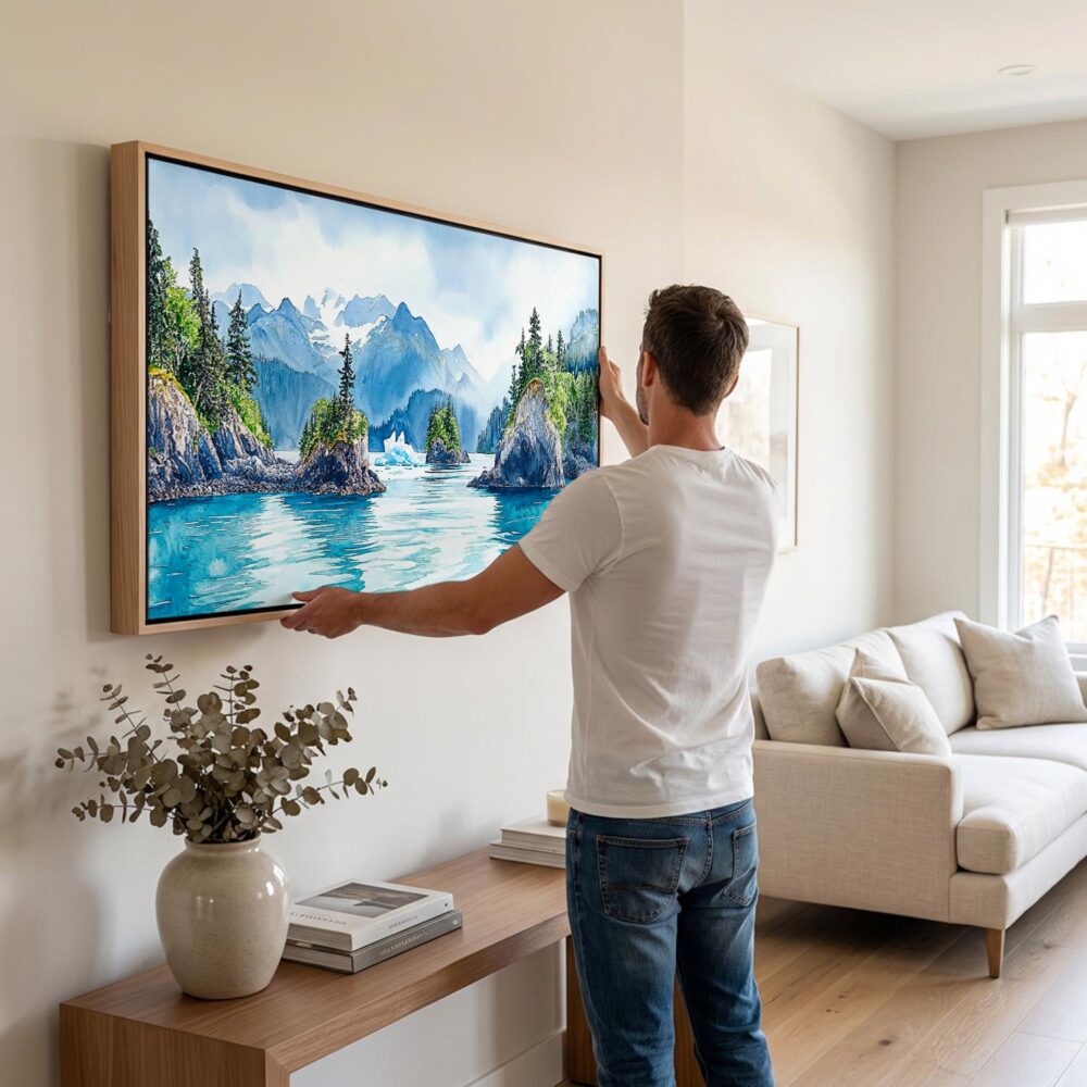 02 - Man Hanging Kenai Fjords National Park Panorama Watercolor Canvas Wall art with Black Floater Frame.jpg 02 - Man Hanging Kenai Fjords National Park Panorama Watercolor Canvas Wall art with Black Floater Frame.jpg