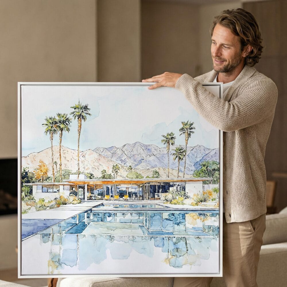 02 - Man holding Large Abstract Palm Springs Square Watercolor Canvas Print with White floater Frame.jpg 02 - Man holding Large Abstract Palm Springs Square Watercolor Canvas Print with White floater Frame.jpg
