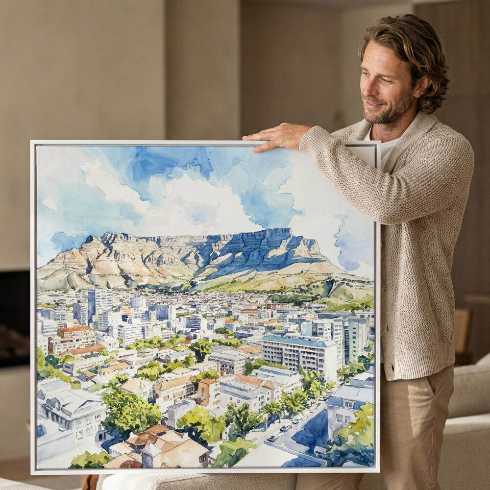02 - Man holding Large Cape Town Skyline Watercolor - Square Canvas Print with White floater Frame.jpg 02 - Man holding Large Cape Town Skyline Watercolor - Square Canvas Print with White floater Frame.jpg