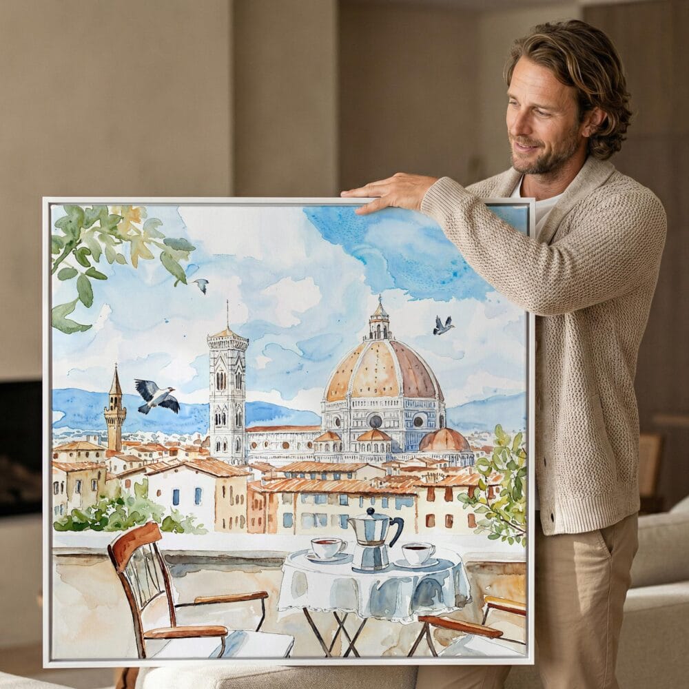 02 - Man holding Large Florence Cathedral Watercolor - Square Canvas Print with White floater Frame.jpg 02 - Man holding Large Florence Cathedral Watercolor - Square Canvas Print with White floater Frame.jpg