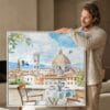 02 - Man holding Large Florence Cathedral Watercolor - Square Canvas Print with White floater Frame.jpg