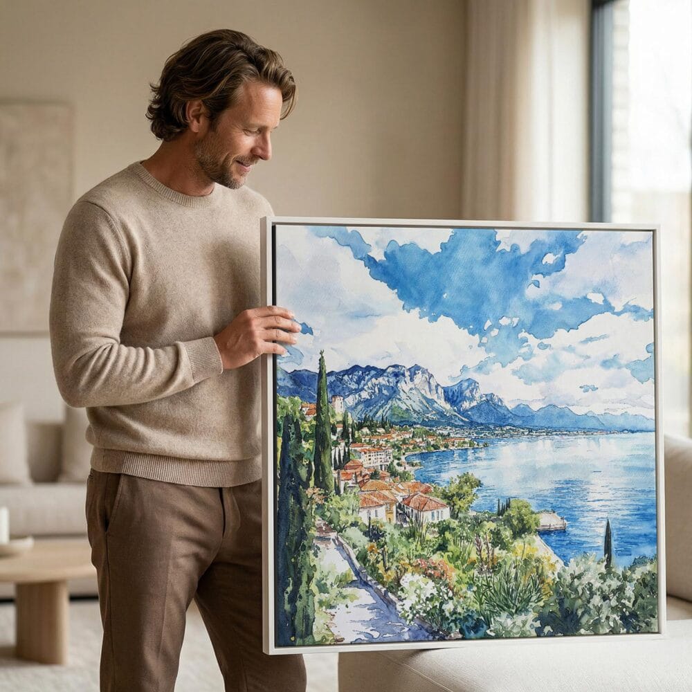 02 - Man holding Large Framed Lake Garda Italy Square Watercolor Canvas Print.jpg 02 - Man holding Large Framed Lake Garda Italy Square Watercolor Canvas Print.jpg