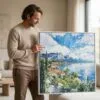 02 - Man holding Large Framed Lake Garda Italy Square Watercolor Canvas Print.jpg