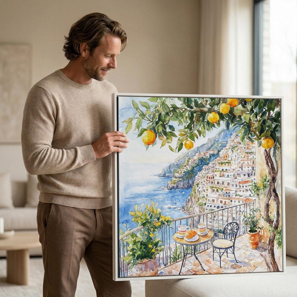 02 - Man holding Large Framed Morning Coffee at Amalfi Coast Italy Watercolor - Square Canvas Print.jpg 02 - Man holding Large Framed Morning Coffee at Amalfi Coast Italy Watercolor - Square Canvas Print.jpg