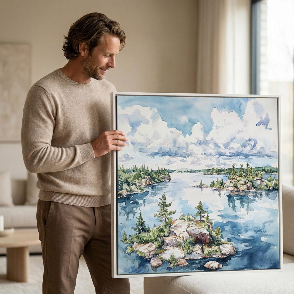02 - Man holding Large Framed Voyageurs National Park Watercolor - Square Canvas Print.jpg 02 - Man holding Large Framed Voyageurs National Park Watercolor - Square Canvas Print.jpg