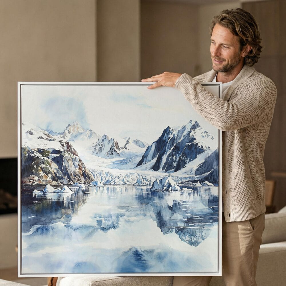 02 - Man holding Large Glacier Bay National Park Watercolor - Square Canvas Print with White floater Frame.jpg 02 - Man holding Large Glacier Bay National Park Watercolor - Square Canvas Print with White floater Frame.jpg