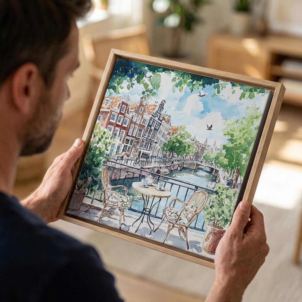 02 - Man holding Small Framed Amsterdam Canal Watercolor - Square Canvas Print in Hand.jpg 02 - Man holding Small Framed Amsterdam Canal Watercolor - Square Canvas Print in Hand.jpg