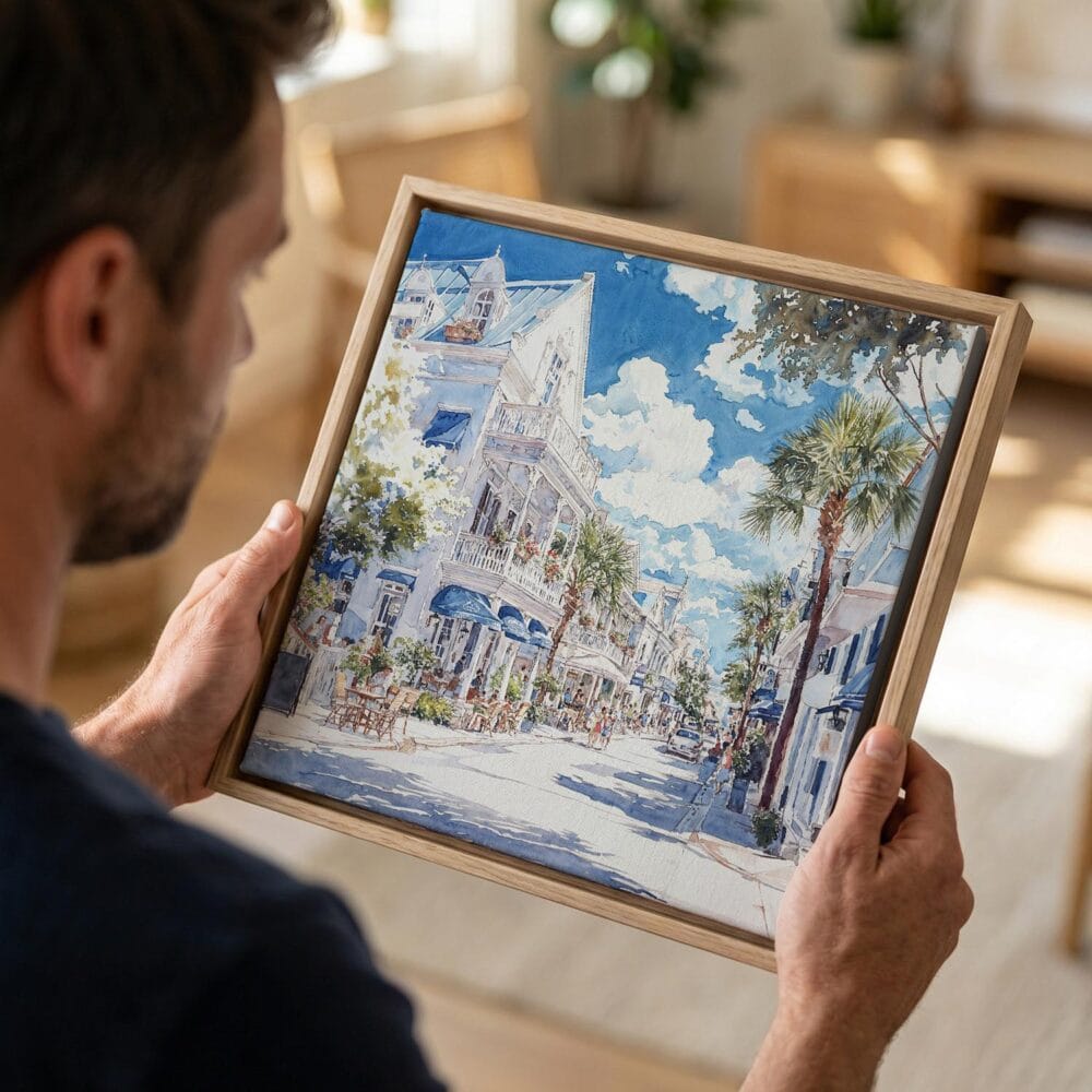 02 - Man holding Small Framed Key West Duval Street Watercolor - Square Canvas Print in Hand.jpg 02 - Man holding Small Framed Key West Duval Street Watercolor - Square Canvas Print in Hand.jpg