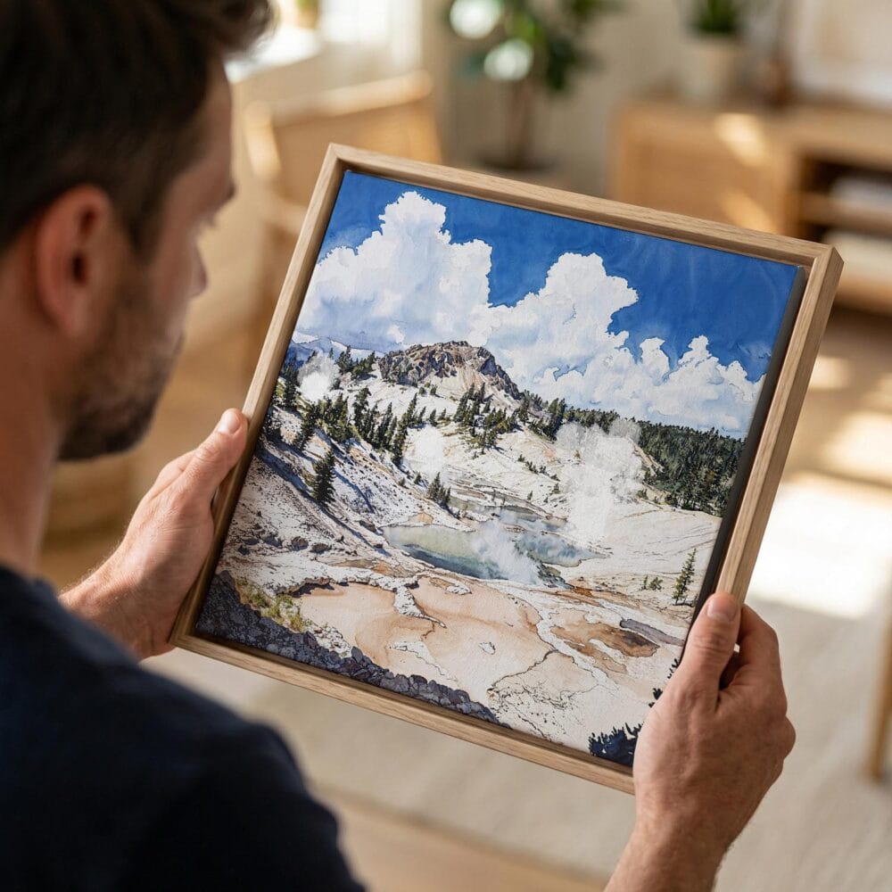 02 - Man holding Small Framed Lassen Volcanic National Park Watercolor - Square Canvas Print in Hand.jpg 02 - Man holding Small Framed Lassen Volcanic National Park Watercolor - Square Canvas Print in Hand.jpg