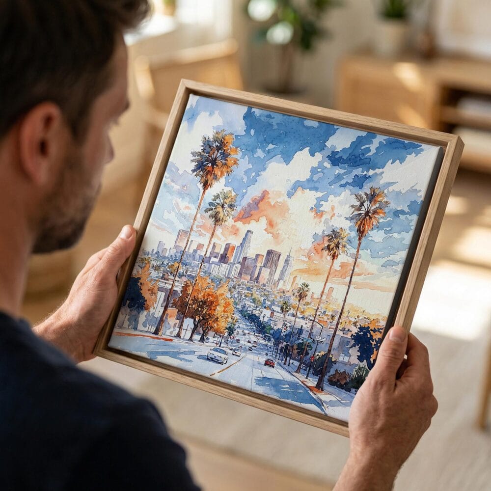 02 - Man holding Small Framed Los Angeles Skyline Watercolor - Square Canvas Print in Hand.jpg 02 - Man holding Small Framed Los Angeles Skyline Watercolor - Square Canvas Print in Hand.jpg