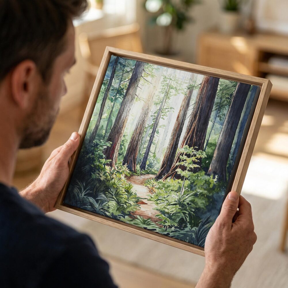 02 - Man holding Small Framed Redwoods national park Watercolor - Square Canvas Print in Hand.jpg 02 - Man holding Small Framed Redwoods national park Watercolor - Square Canvas Print in Hand.jpg