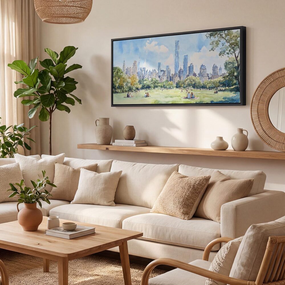 02 - New York Central Park Watercolor - Panorama Canvas Print with Black Floater Frame - Boho Room.jpg 02 - New York Central Park Watercolor - Panorama Canvas Print with Black Floater Frame - Boho Room.jpg