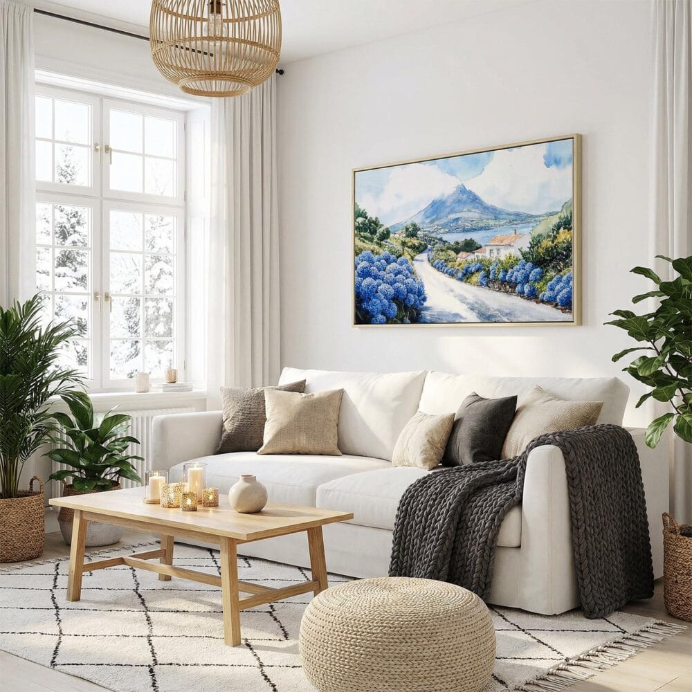 02 - Pico Island Portugal Watercolor - Horizontal Canvas Print with Natural Floater Frame in modern Scandi Living Room.jpg 02 - Pico Island Portugal Watercolor - Horizontal Canvas Print with Natural Floater Frame in modern Scandi Living Room.jpg