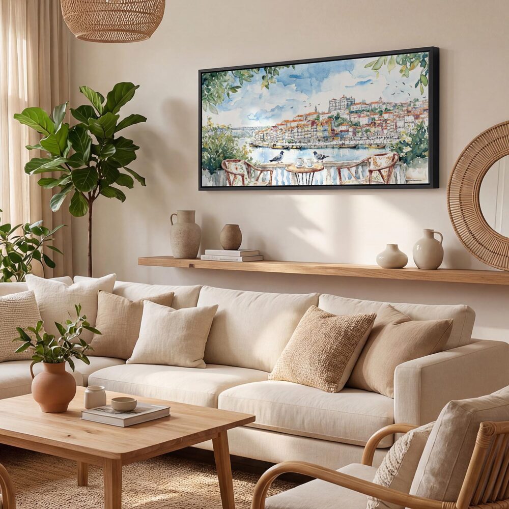 02 - Porto Balcony Watercolor - Panorama Canvas Print with Black Floater Frame - Boho Room.jpg 02 - Porto Balcony Watercolor - Panorama Canvas Print with Black Floater Frame - Boho Room.jpg