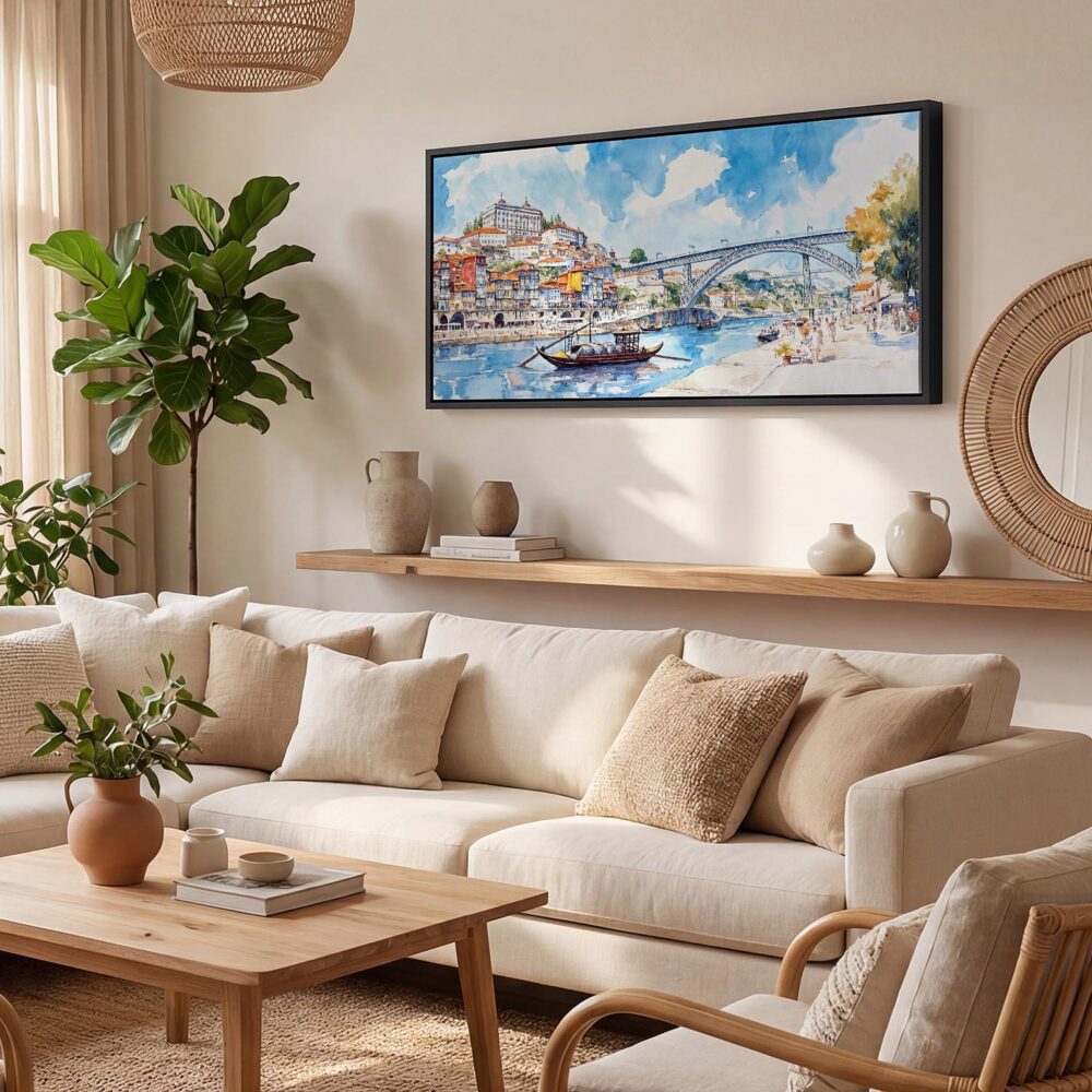 02 - Porto Ribeira Watercolor - Panorama Canvas Print with Black Floater Frame - Boho Room.jpg 02 - Porto Ribeira Watercolor - Panorama Canvas Print with Black Floater Frame - Boho Room.jpg