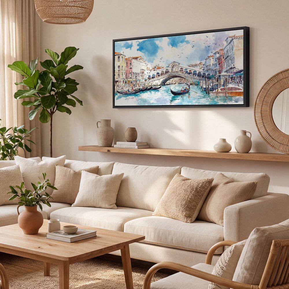 02 - Rialto Bridge Venice Watercolor - Panorama Canvas Print with Black Floater Frame - Boho Room.jpg 02 - Rialto Bridge Venice Watercolor - Panorama Canvas Print with Black Floater Frame - Boho Room.jpg
