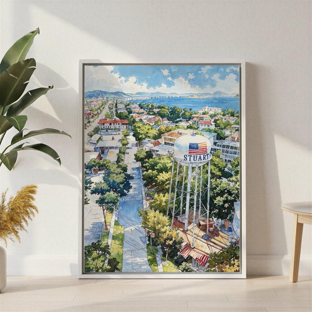 02 - Stuart Florida Watercolor Canvas Print with White Floater Frame - Standing on Floor - Vertical.jpg 02 - Stuart Florida Watercolor Canvas Print with White Floater Frame - Standing on Floor - Vertical.jpg