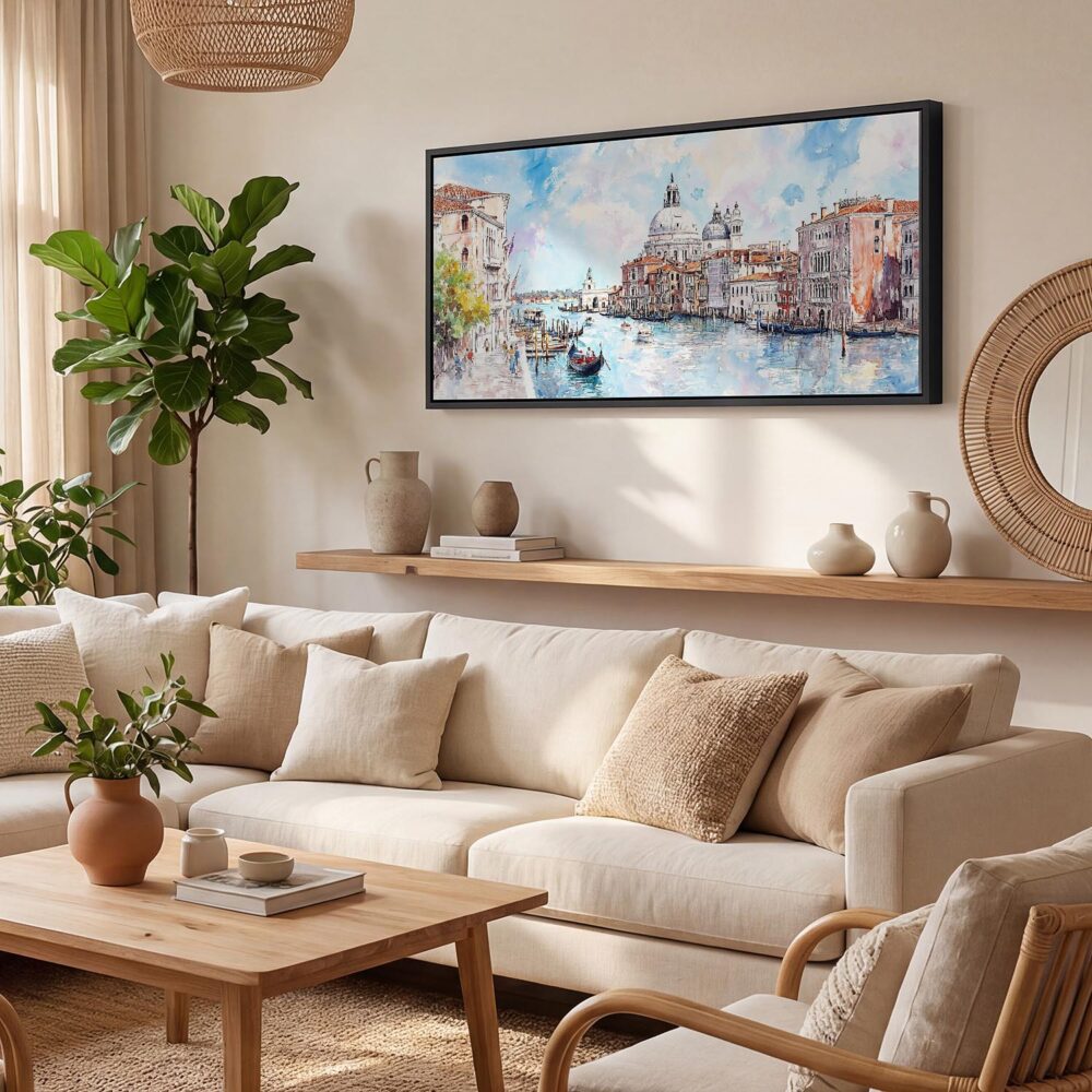 02 - Venice Italy Watercolor - Panorama Canvas Print with Black Floater Frame - Boho Room.jpg 02 - Venice Italy Watercolor - Panorama Canvas Print with Black Floater Frame - Boho Room.jpg