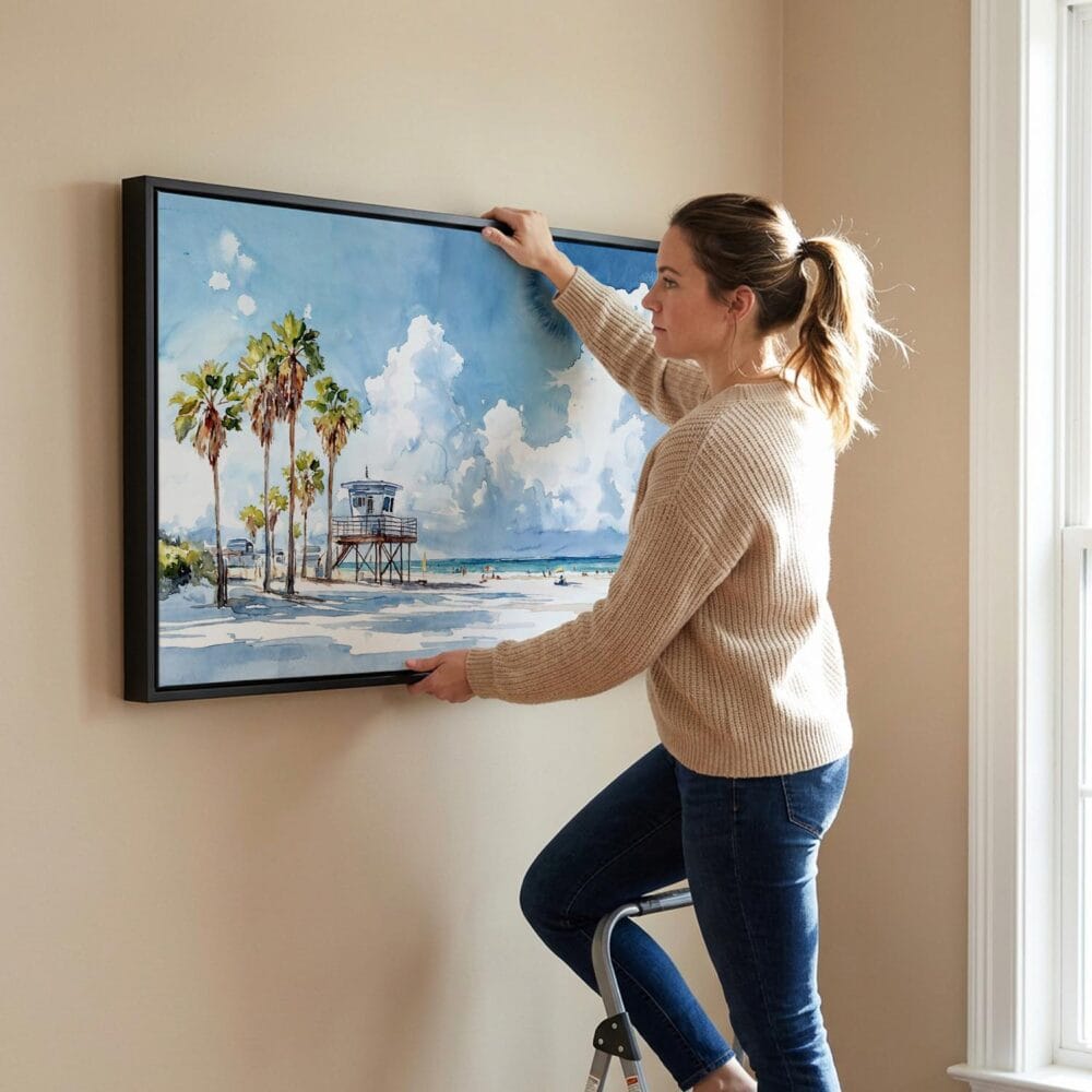 02 - Woman Hanging Los Angeles Beach Watercolor - Panorama Canvas Wall art with Black Floater Frame.jpg 02 - Woman Hanging Los Angeles Beach Watercolor - Panorama Canvas Wall art with Black Floater Frame.jpg