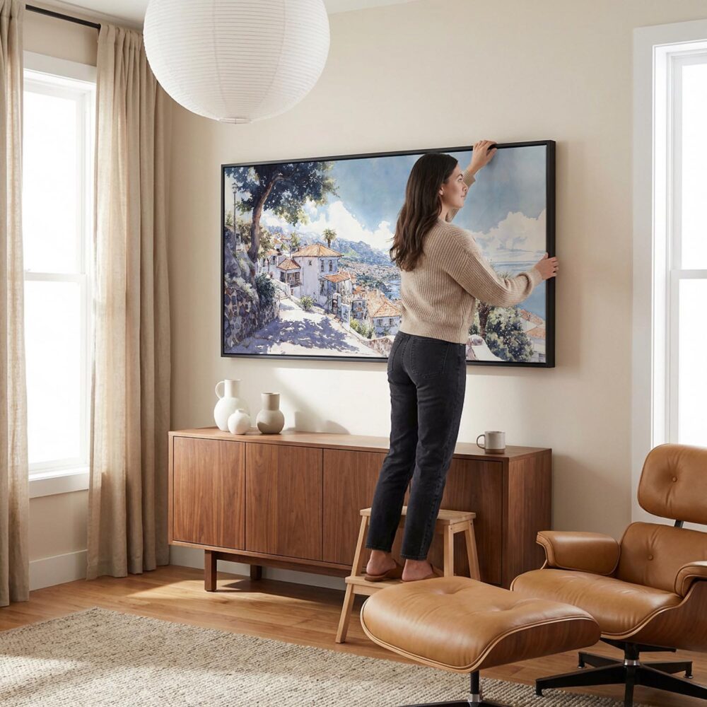 02 - Woman Hanging Madeira Portugal Watercolor - Panorama Canvas Wall art with Natural Floater Frame in Living Room.jpg 02 - Woman Hanging Madeira Portugal Watercolor - Panorama Canvas Wall art with Natural Floater Frame in Living Room.jpg