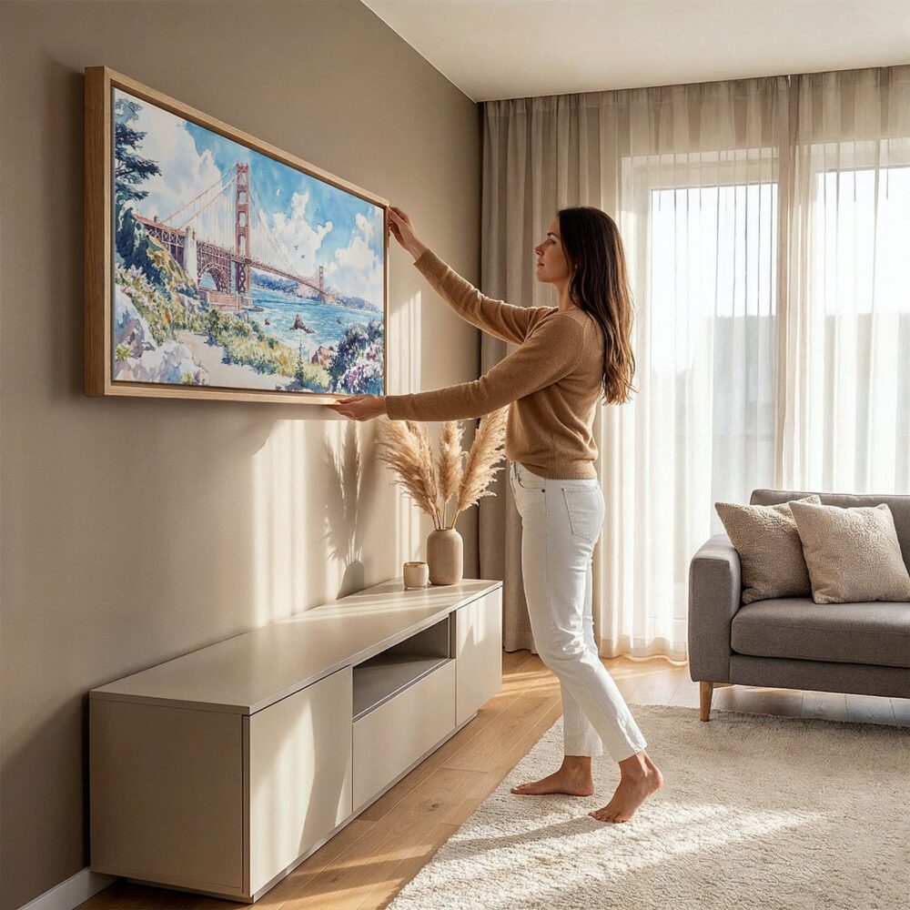 02 - Woman Hanging SF Golden Gate Bridge Watercolor - Panorama Canvas Wall art with Natural Floater Frame in Modern Living Room.jpg 02 - Woman Hanging SF Golden Gate Bridge Watercolor - Panorama Canvas Wall art with Natural Floater Frame in Modern Living Room.jpg