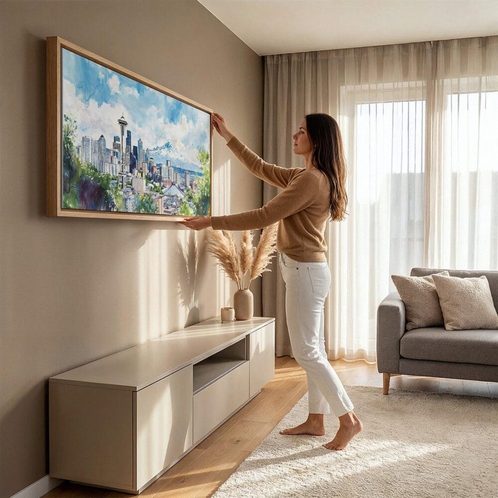 02 - Woman Hanging Seattle Watercolor - Panorama Canvas Wall art with Natural Floater Frame in Modern Living Room.jpg 02 - Woman Hanging Seattle Watercolor - Panorama Canvas Wall art with Natural Floater Frame in Modern Living Room.jpg