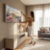 02 - Woman Hanging Sedona Arizona Watercolor - Panorama Canvas Wall art with Natural Floater Frame in Modern Living Room.jpg