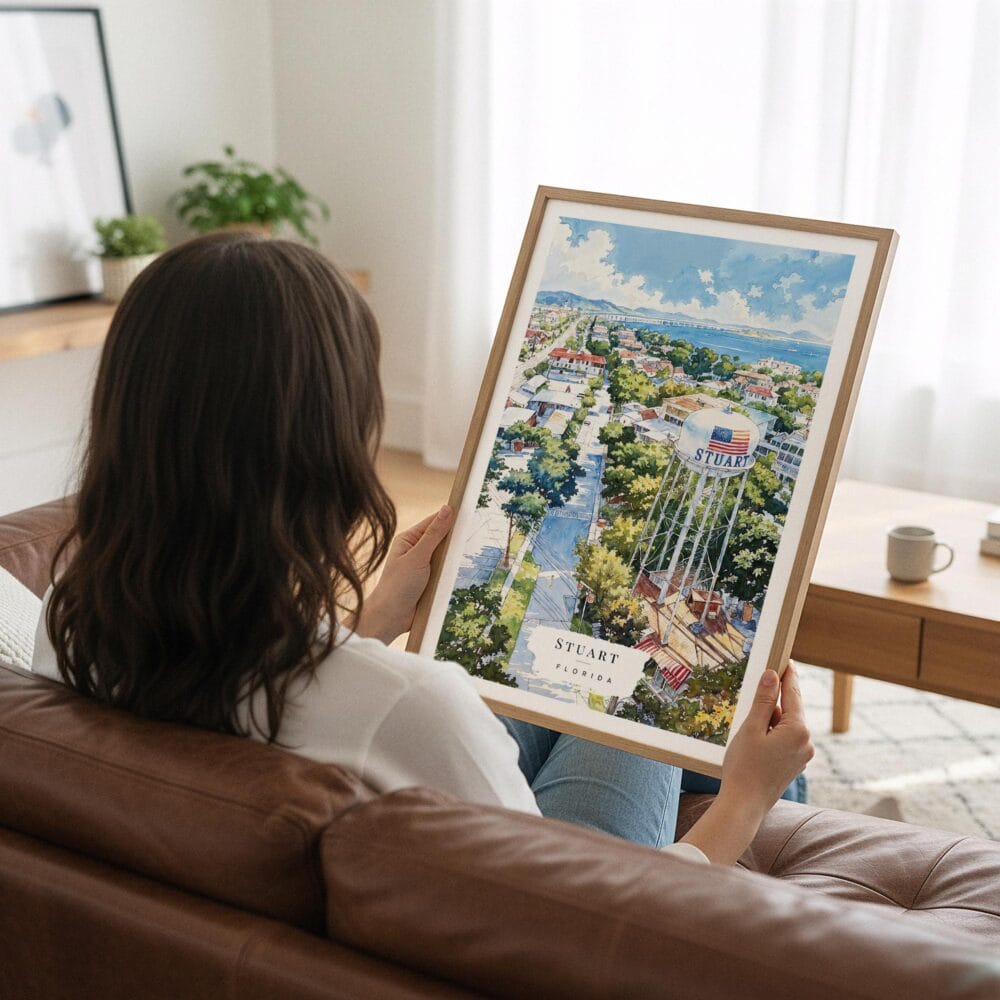02 - Woman Holding Framed Stuart Florida Watercolor Art Print - Vertical.jpg 02 - Woman Holding Framed Stuart Florida Watercolor Art Print - Vertical.jpg