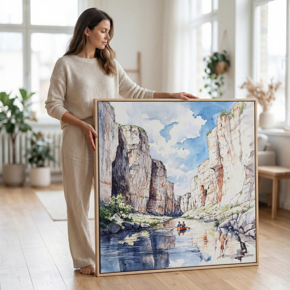 02 - Woman standing in living room with Large Big Bend National Park Watercolor - Square Canvas Print with Natural floater Frame.jpg 02 - Woman standing in living room with Large Big Bend National Park Watercolor - Square Canvas Print with Natural floater Frame.jpg