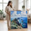 02 - Woman standing in living room with Large Channel Island Watercolor - Square Canvas Print with Natural floater Frame.jpg