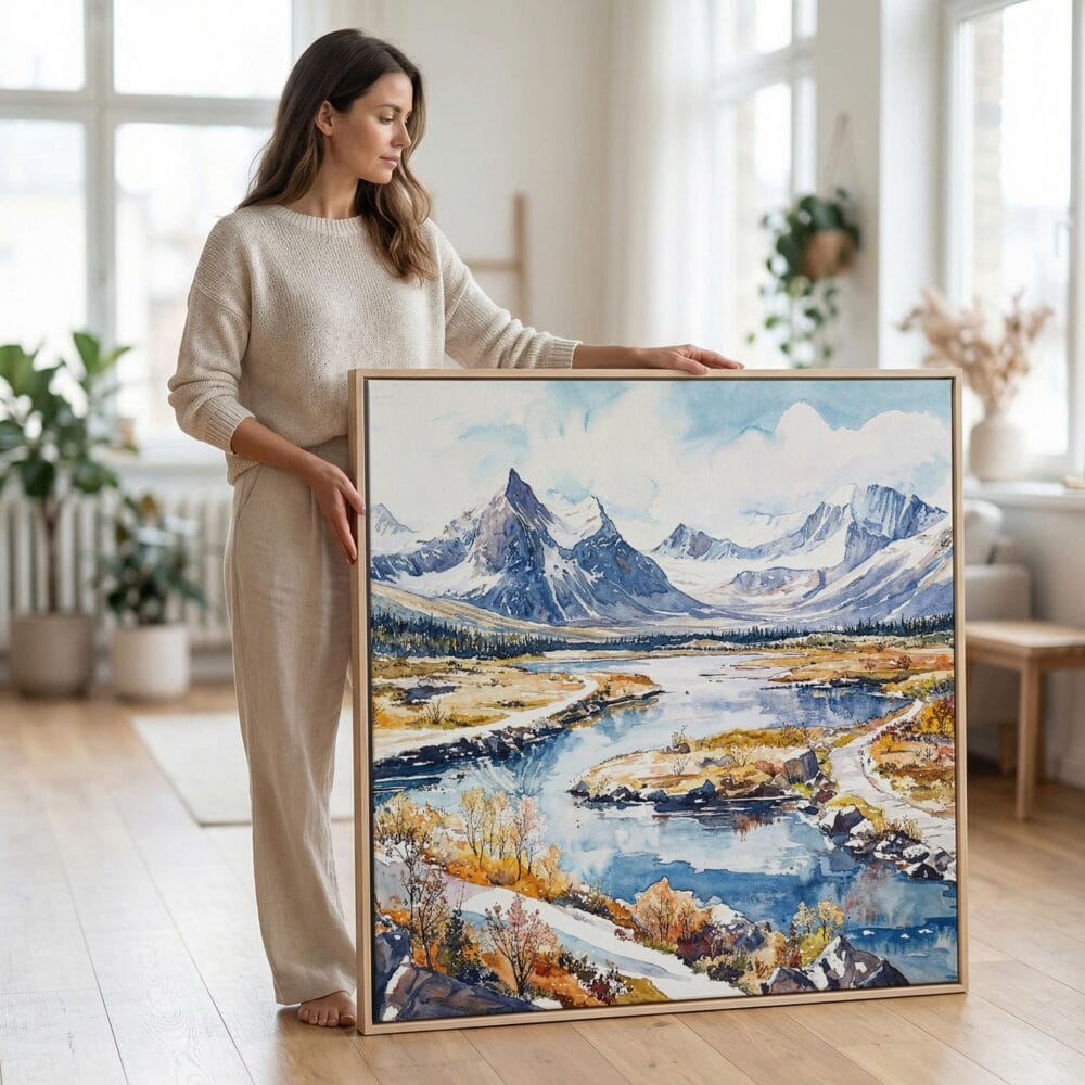 02 - Woman standing in living room with Large Gates of the Arctic National park Watercolor - Square Canvas Print with Natural floater Frame.jpg 02 - Woman standing in living room with Large Gates of the Arctic National park Watercolor - Square Canvas Print with Natural floater Frame.jpg