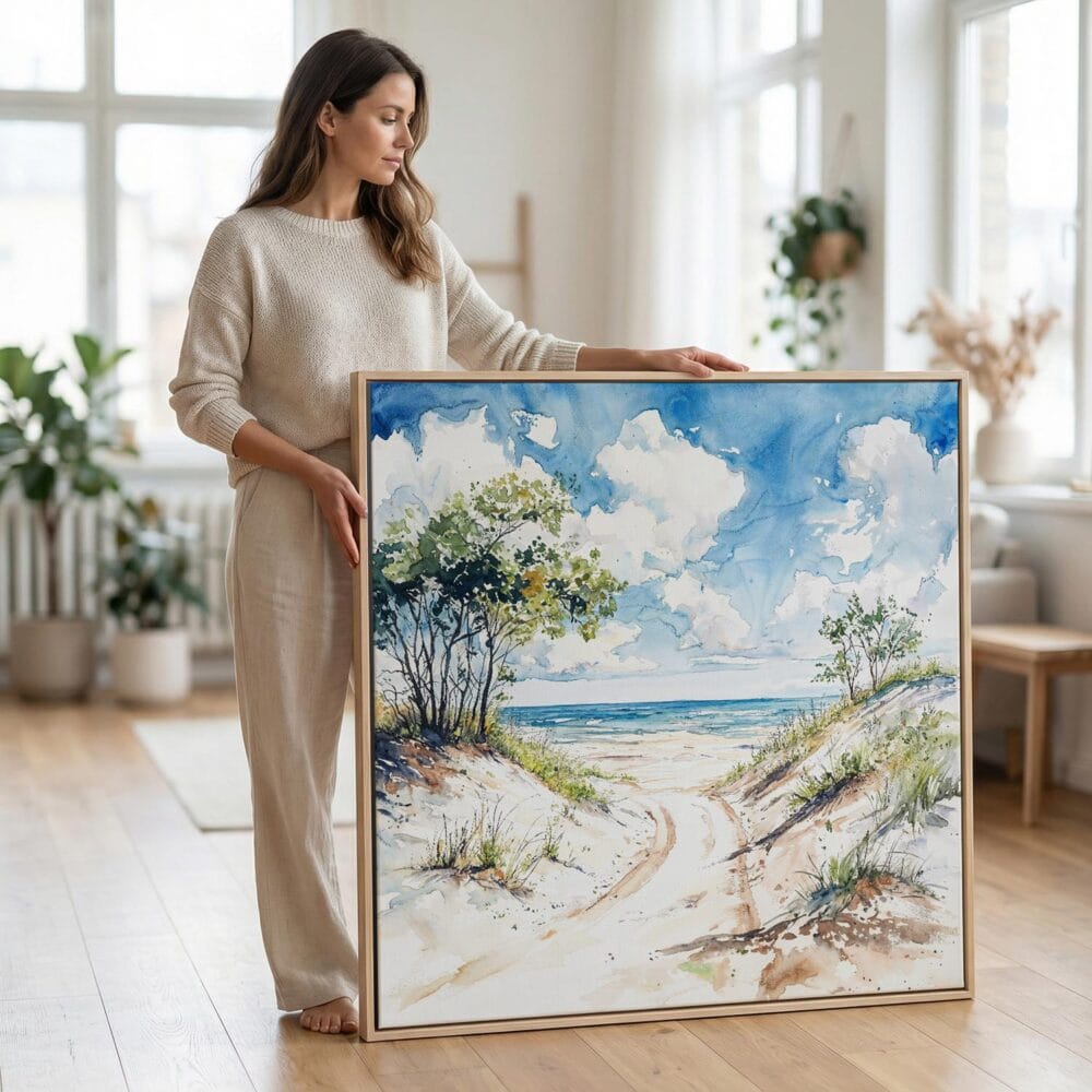 02 - Woman standing in living room with Large Indiana Dunes National Park Watercolor - Square Canvas Print with Natural floater Frame.jpg 02 - Woman standing in living room with Large Indiana Dunes National Park Watercolor - Square Canvas Print with Natural floater Frame.jpg