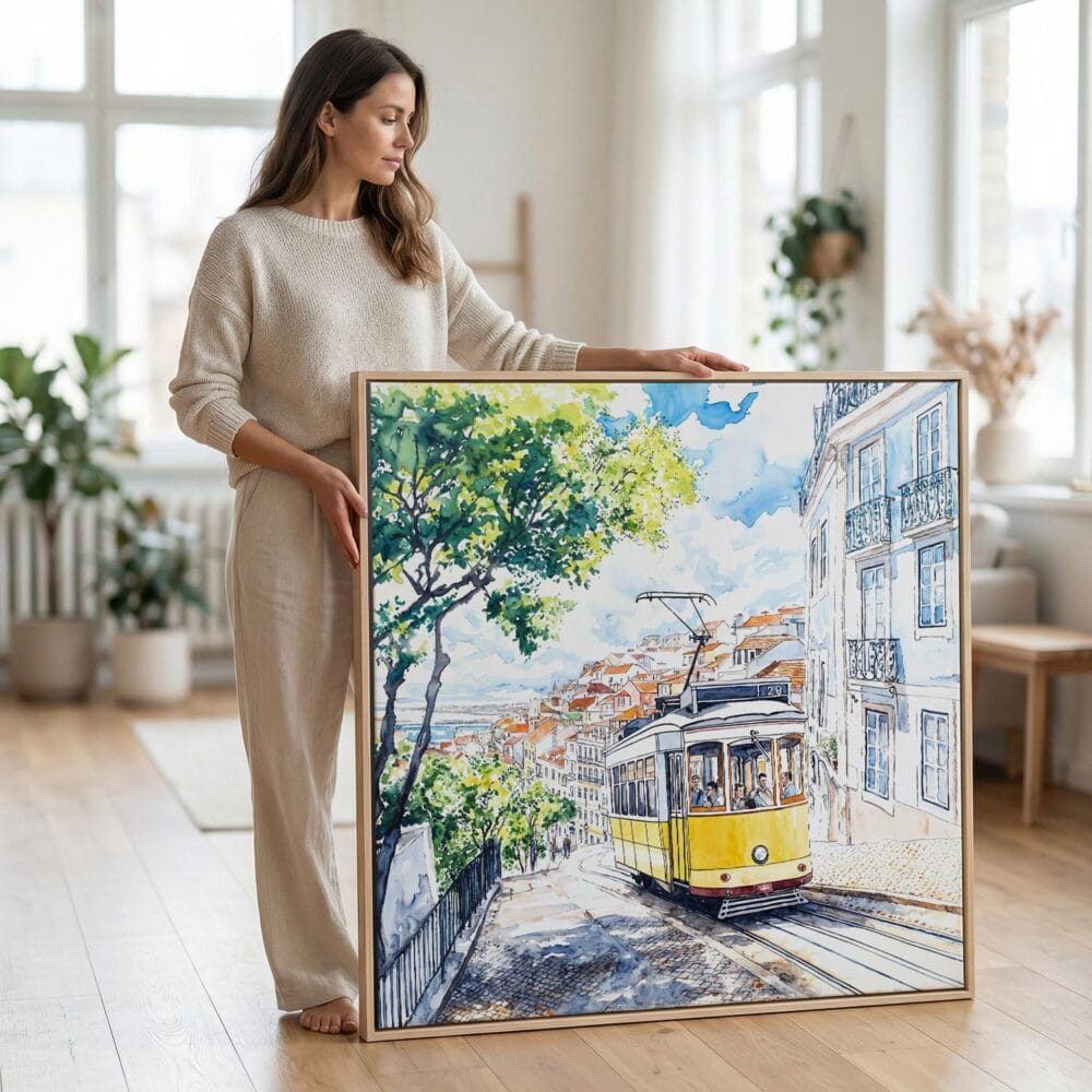 02 - Woman standing in living room with Large Lisbon Portugal Yellow Tram Watercolor - Square Canvas Print with Natural floater Frame.jpg 02 - Woman standing in living room with Large Lisbon Portugal Yellow Tram Watercolor - Square Canvas Print with Natural floater Frame.jpg