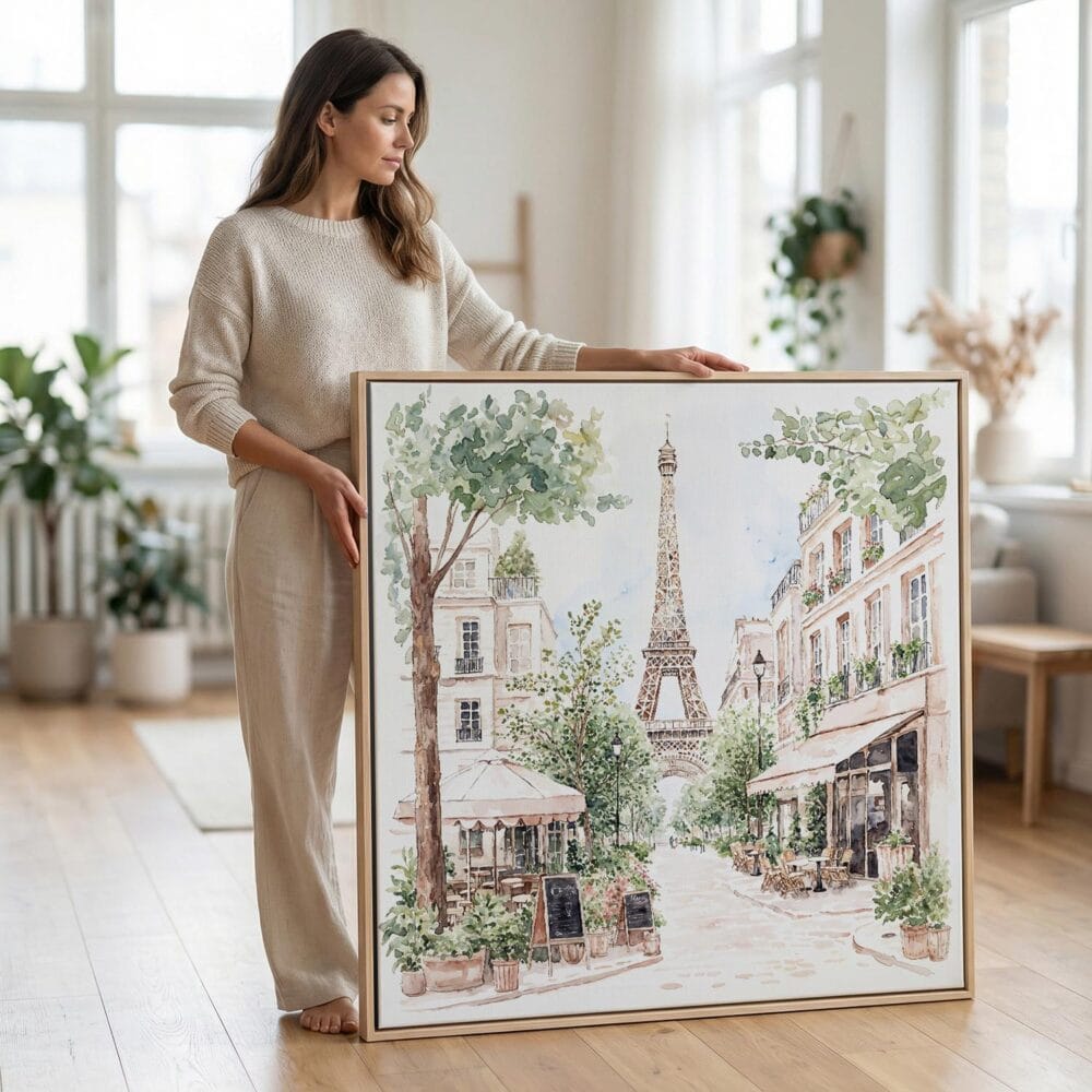 02 - Woman standing in living room with Large Paris Cafe and Eiffel Tower Watercolor - Square Canvas Print with Natural floater Frame.jpg 02 - Woman standing in living room with Large Paris Cafe and Eiffel Tower Watercolor - Square Canvas Print with Natural floater Frame.jpg