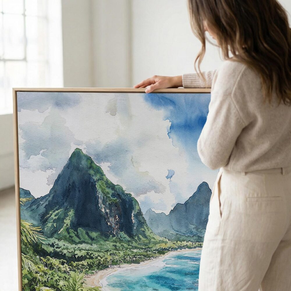 02 - Woman standing next to Large American Samoa Watercolor - Square Canvas Print with Natural floater Frame.jpg 02 - Woman standing next to Large American Samoa Watercolor - Square Canvas Print with Natural floater Frame.jpg