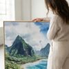 02 - Woman standing next to Large American Samoa Watercolor - Square Canvas Print with Natural floater Frame.jpg