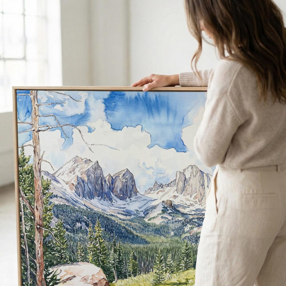 02 - Woman standing next to Large Colorado Rocky Mountains Watercolor - Square Canvas Print with Natural floater Frame.jpg 02 - Woman standing next to Large Colorado Rocky Mountains Watercolor - Square Canvas Print with Natural floater Frame.jpg