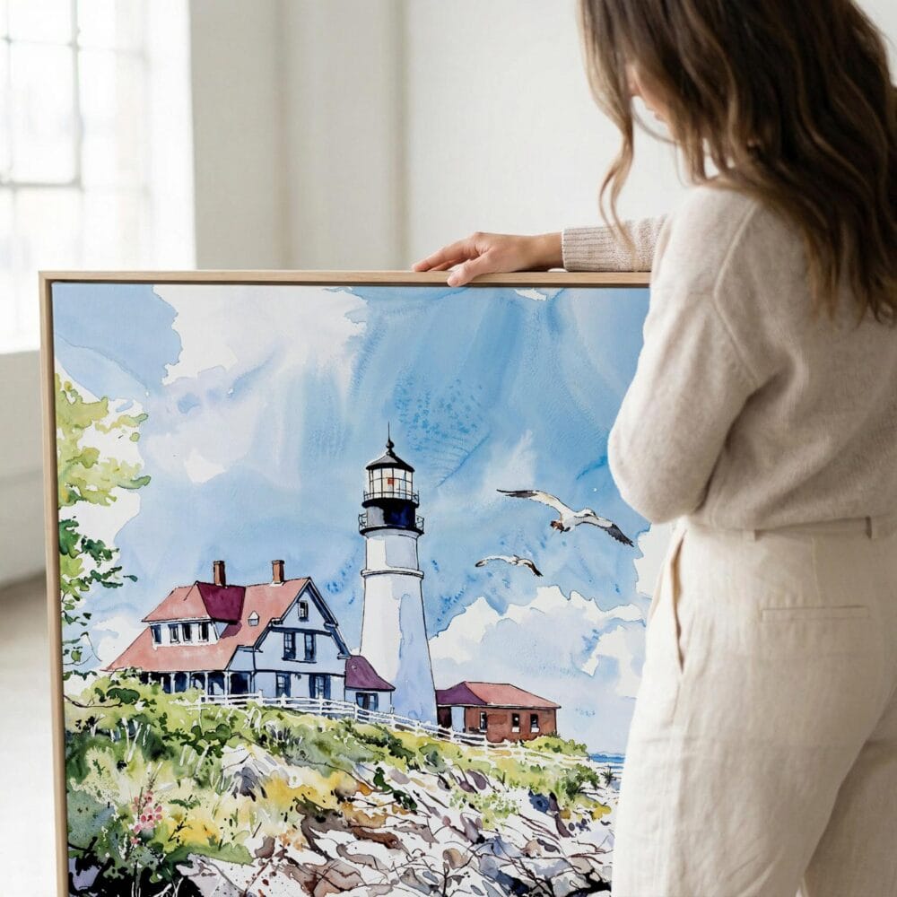 02 - Woman standing next to Large Portland Maine Head Light Watercolor - Square Canvas Print with Natural floater Frame.jpg 02 - Woman standing next to Large Portland Maine Head Light Watercolor - Square Canvas Print with Natural floater Frame.jpg